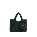 Dark green knitted tote bag with textured square pattern and heart-shaped charm - Blue