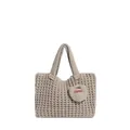 Knitted apricot tote bag with textured square pattern and handmade heart pendant - Off White