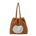 Brown faux suede tote bag with white fleece heart patch and drawstring closure - Brown