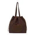 Dark brown faux suede drawstring tote bag with sheepskin apple patch and long handles - Brown