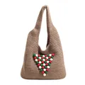 Borsa tote in maglia marrone con pompon festivi e trama intrecciata minimalista - Cachi