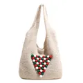 Borsa tote in maglia beige con motivo ad albero di Natale in pompon e ampia tracolla morbida - Bianco Sporco