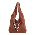 Borsa tote in maglia marrone con pompon festivi e trama in maglia a grana grossa - Marrone