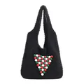 Borsa tote natalizia in peluche nero con decorazione pompon rossi e verdi - Nero