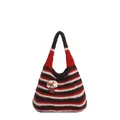 Knitted hobo tote bag with retro stripes and a cute mushroom applique on white background - Red
