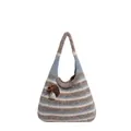 Striped knit hobo bag in brown and blue with a cute mushroom pendant accessory - Blue