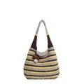 Striped knit tote bag in grey and yellow with a cute mushroom charm accessory - Yellow