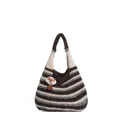 Striped knit hobo tote bag in brown and grey with a cute mushroom pendant charm - Brown