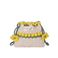 Bolso tipo cubo de ganchillo hecho a mano con flores 3D y correa de punto verde - Crema con Amarillo