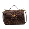 Leopard print crossbody bag with heart-shaped gold buckle and dark brown leather handle - Leopard Coffee