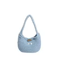 Borsa tote in maglia azzurra con tracolla lunga e chiusura con bottone in legno - Blu