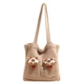 Cute cat knit tote bag with large capacity and vintage shoulder straps for winter - Khaki