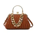 Vintage brown pleated shell bag with flower detail and gold chunky chain strap - Chain Handle Style / Chain Brown