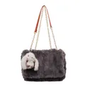 Dark gray plush shoulder bag with gold chain strap and cute white bunny charm - Dark Gray