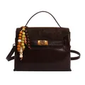 Dark coffee crossbody bag with vintage cracked texture and colorful beaded charm - Coffee (With Pendant)