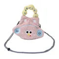 Pink fleece cartoon crossbody bag with blue smiley face and yellow wavy handle - Pink