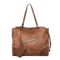Borsa tote in camoscio marrone con cuciture in pelle, borchie e grande capienza - Marrone