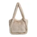 Minimalist beige faux fur tote bag with soft plush texture and wide handles - Khaki
