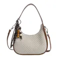 Beige geflochtene Hobo-Tasche mit braunen Lederriemen und Holzperlen-Anhänger - Weiß