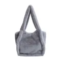 Furry leopard print tote bag in medium grey with large capacity and plush handles - Gray