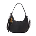 Dark brown hobo bag with woven texture and decorative wooden bead tassels in detail - Brown