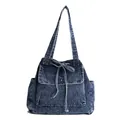 Retro blue denim tote bag with front pocket and drawstring, casual vintage shoulder bag - Dark Blue