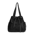 Retro black denim tote bag with white contrast stitching and front flap pocket - Black