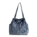 Vintage retro washed blue denim tote bag with front pocket and bow string detail - Light Blue