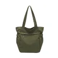 Olive green nylon tote bag with front zipper pocket and long dual handles for shoulder carry - Green