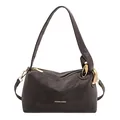 Deep brown matte faux leather handbag with golden ring buckle and fashion text - Ebony
