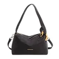 Borsa a tracolla nera opaca in finta pelle con anelli dorati e scritta fashion - Nero