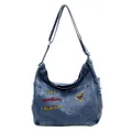 Vintage blauwe denim hobo tas met kleurrijk borduursel en verstelbare riem - Denim Blauw