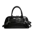 Glossy black patent leather seashell handbag with crocodile texture and silver hardware - Black
