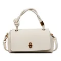 Minimalistische cremeweiße Lederhandtasche mit goldenem Drehverschluss und Knotengriff - Gebrochenes Weiß