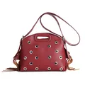 Vintage Handtasche aus burgunderrotem Leder mit Lychee-Narbung, Ösen und Seitenfransen - Rot