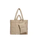 Beige quilted puffer tote bag with dual straps and matching zipper pouch accessory - Khaki