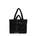 Glossy black quilted puffer tote bag with handles and small matching zipper pouch - Black