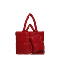 Red quilted puffer tote bag with matching square coin purse and padded handles - Red