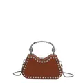 Brown leather chain handbag with silver rivets and vintage engraved metal handle - Tan