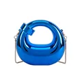 Minimalist metallic blue crescent bag with shiny mirror finish and gold chain strap - Blue