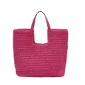 Fuchsia woven straw tote bag for beach vacations featuring matching faux leather handles - Rose Pink
