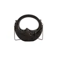 Glossy black crescent moon handbag with embossed face detail and sleek metal chain - Black