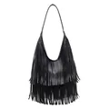 Borsa hobo retrò in pelle nera con lunghe frange e tracolla dallo stile minimalista - Nero