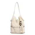 Borsa tote da spiaggia in crochet beige con perle di legno e nappe in stile boho - Bianco