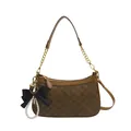 Brown monogram underarm bag with letter pattern, chain strap and pearl bow charm - Khaki (With Charm)