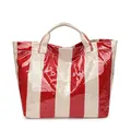 Waterproof red and white striped tote bag with large capacity and glossy finish - Red