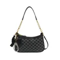 Elegant black underarm bag with M-letter monogram pattern and pearl bow charm - Black (With Charm)