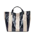 Waterproof striped tote bag with black and beige vertical patterns and glossy finish - Blue