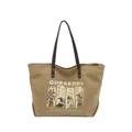 Khaki canvas tote bag with Anubis print and brown leather straps on white background - Brown