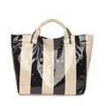Fashionable black and white vertical striped tote bag with glossy finish and handles - Black
